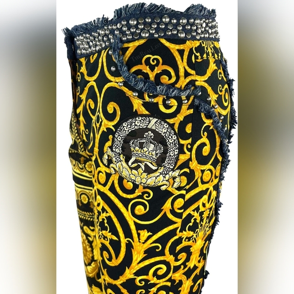 Versace Chaos Couture Studded Archival Print Denim Fringe Jeans Size 44​​​ - Picture 3 of 16